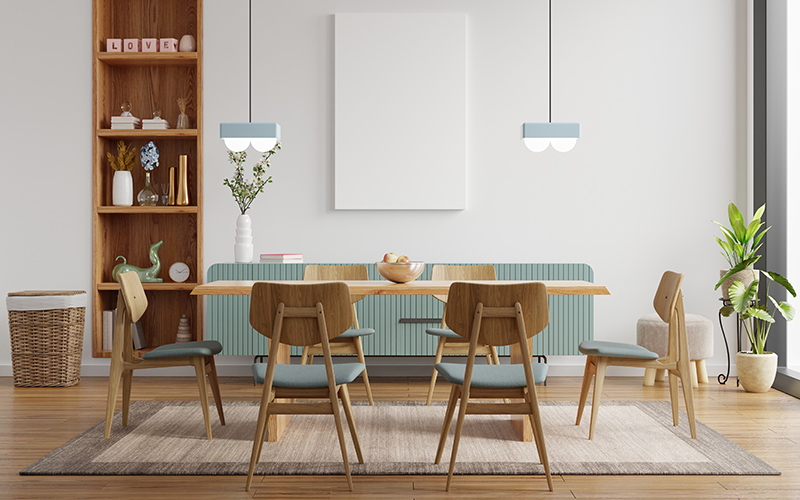 Mock up poster in modern dining room interior design with white Mock up poster in modern dining room interior design with white empty wall.3d rendering
